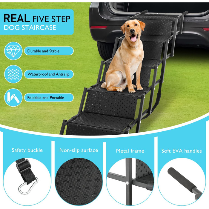 Лебіу - сходинка для собак у машину, портативна складна рамка для собак, SUV, вантажівки, легка рамка для великих собак з антиковзким покриттям, посилена сходинка для собак, підтримує до 90.7 кг, 5 сходинок