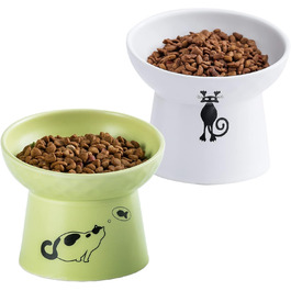 Набір мисок для котів та собак з кераміки, підняті миски, набір 2 шт. (білий & смарагдовий)