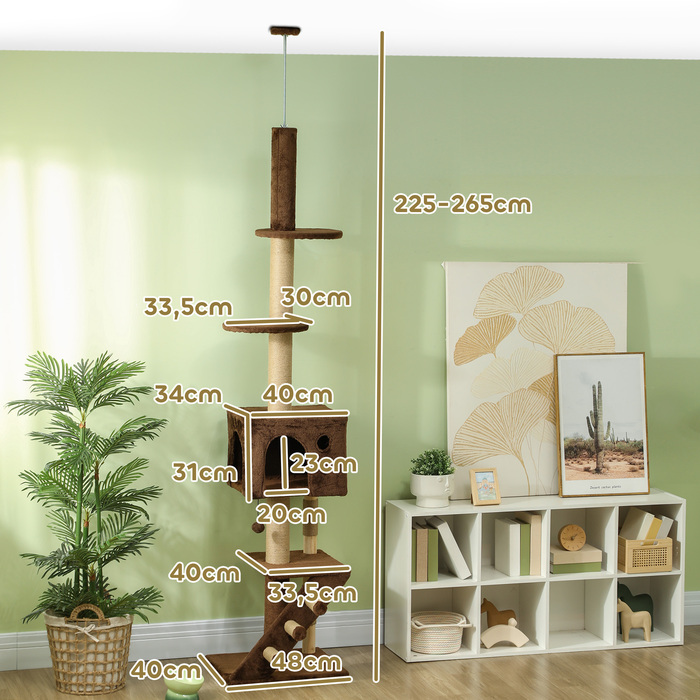 PawHut Cat Tree Стеля висока, Cat Tree, 225-265 см Кігтеточка для кішки з котячою печерою, дряпаючі стовбури, Play Ball, Меблі для кішок із захистом проти нахилу, коричневий | Аосом