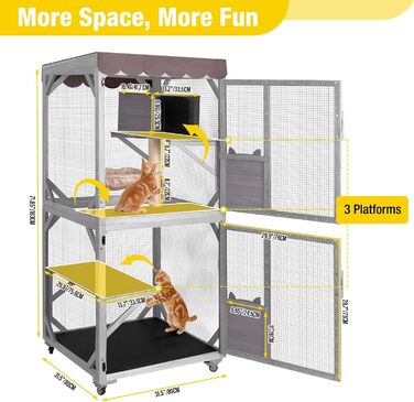 X-ZONE Кiтiо для кота на колесах: будиночок з ліжком, когтеточкою та платформами, водовідштовхувальне покриття (сірий), 80x80x182.5 см