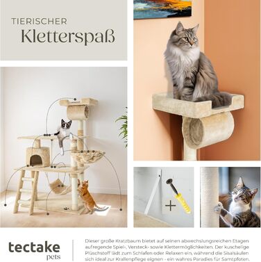 Дряпка для котів tectake 141 см, котячий комплекс з іграшками, гамаками, плетений з плюшу та сизалю, для дому, широкий, бежевий