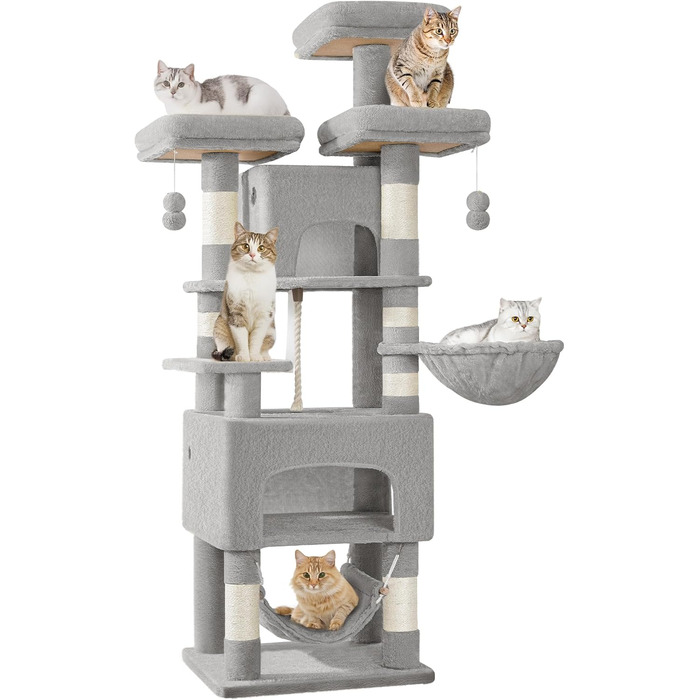 Кігтеточка для котів Hzuaneri, 176 см, XL, 3 платформи, 2 печери, 7 стовпчиків, гамак, плюшеві кульки, для багатокотових сімей, MS17618SG (Світло-сірий)