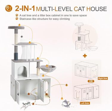 Snughome 2-в-1 сучасна котяча вежа з туалетом з дерева 140 см, когтеточка, гамак, велика платформа, сіра
