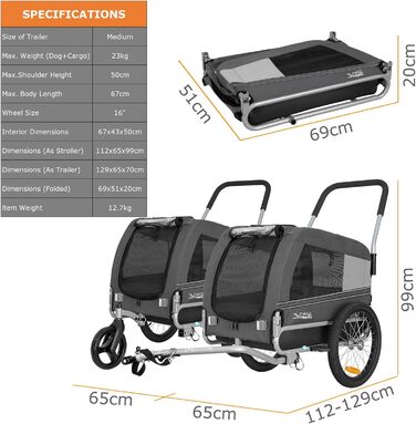 Універсальний візок-перевозник для собак Tiggo VS Pets Medium - 2в1 (велосипедний/біговий, сірий)