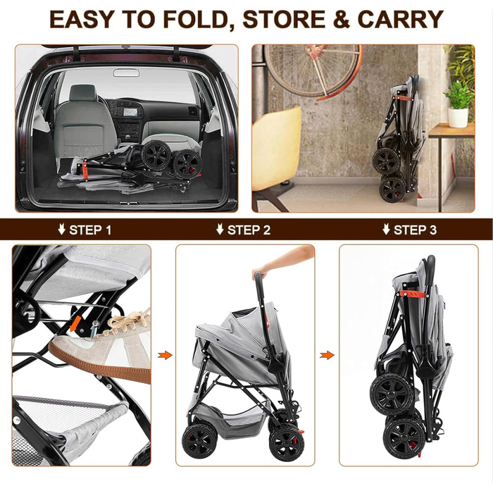 Візок для тварин, візок для собак та котів до 20 кг, чорний. Зручний, з поворотними колесами, кошиком для зберігання та гальмом. Легко складається.