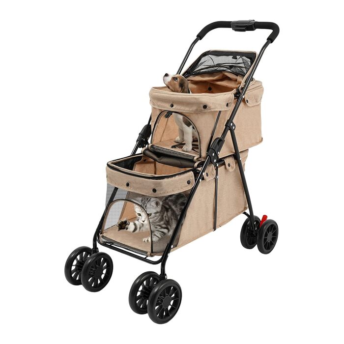Двошаровий візок для домашніх тварин з сітчастим вікном, гальмом та кишенькою для зберігання. Складаний візок для собак та котів, вантажопідйомність 15-20 кг (Хакі)