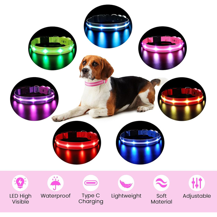 Світлодіодна нашийник для собак ASBRILL, перезарядна, 7 кольорів RGB, 8 світлодіодів, регульована, вологостійка, для маленьких, середніх та великих собак, (M, Рожевий)