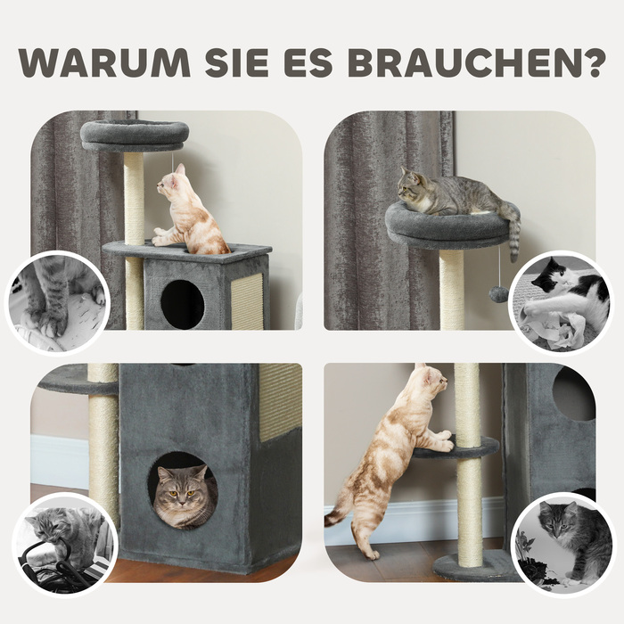 PawHut Cat Tree 111 см Cat Tree з котячою печерою, ліжко, ігровий м'яч, кігтеточка для кішки з сизалем Кігтеточки, для котів до 5 кг, сіра | Аосом