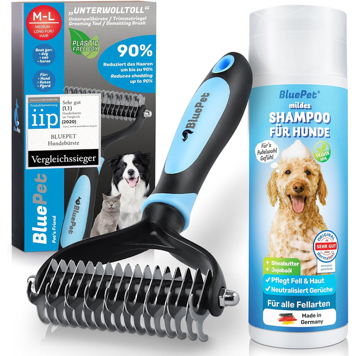 Гребінець для собак та котів з довгим волоссям BluePet, видаляє підшерстя та ковтуни, захист верхнього шару шерсті, великі собаки (M-L, товстий хват), шампунь