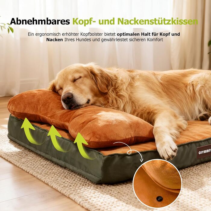 Ортопедичне ліжко для собак з пральним покриттям, водонепроникне подушка для собак з піною з пам'яті та знімний підголівник для підтримки голови та суглобів, неслизьке дно для середніх та великих собак, розмір: 89 x 56 x 20 см, помаранчеве