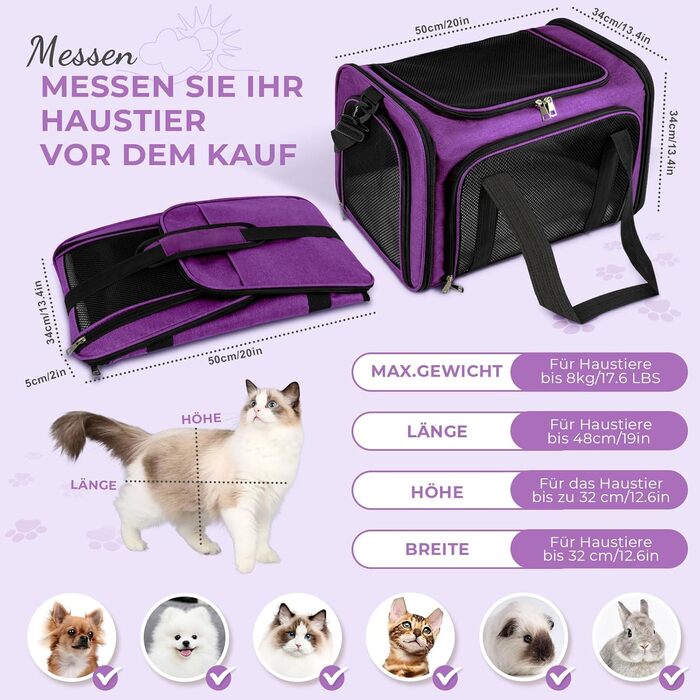 Транспортна сумка для кота/собаки TOFFCAEA, переноска для тварин, складана, 5кг, для середніх собак та котів (L 50 x B 34 x H 34 см, фіолетовий)