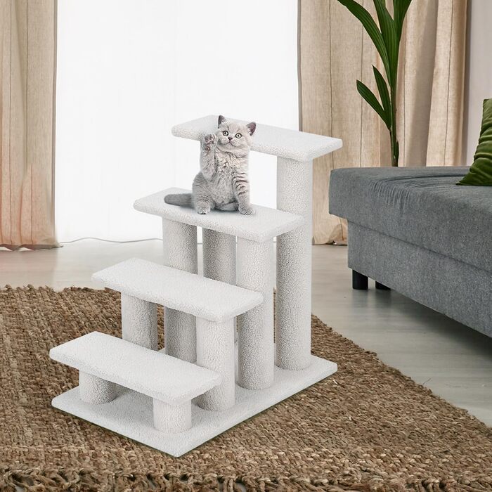 Котяча та собача драбинка COSTWAY, 4 сходинки, до 25 кг, 61x41x60 см, з ДСП і штучного флісу, бежевого кольору – сходи для тварин, ігровий комплекс