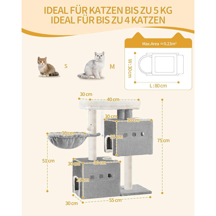 Дерево для кігтів Hzuaneri Kratzbaum 75 см, кігтеточка для котів з лежаком, будиночком, сизалевими стовпчиками та іграшками, сірий колір, MS07618LG