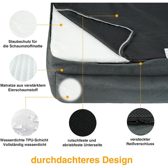 Ортопедичне собаче ліжко Zedelmaier для середніх та великих собак, 90x68x25 см, стійке до подряпин, з товстим матрацом, зручне, знімний чохол, темно-сірий колір