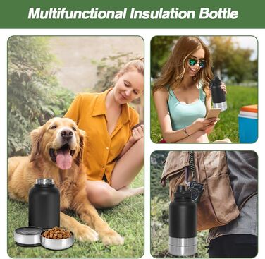 Водяна пляшка для собак на прогулянці, 950 мл, з мискою, ізольована, нержавіюча сталь, для подорожей та активного відпочинку