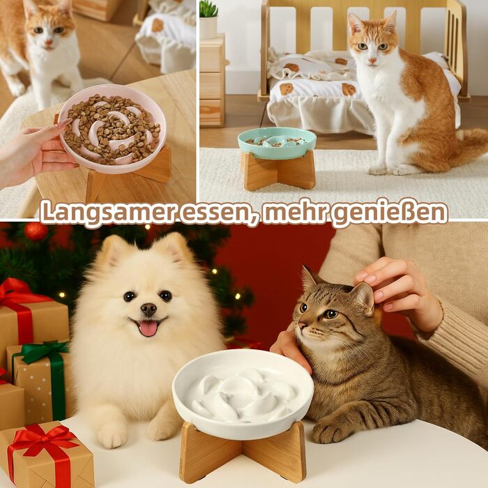 Антислизький годівниця для котів з кераміки з металевим підставкою - Підвищена годівниця проти захлинування - Лабіринтова миска для повільного годування - Рожевий (миска + бамбук - білий)