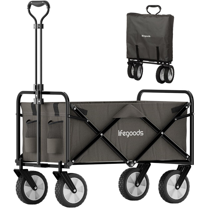 Візок-тачка LifeGoods розкладний сірий – 98x45 см, 94 л, поворотні колеса