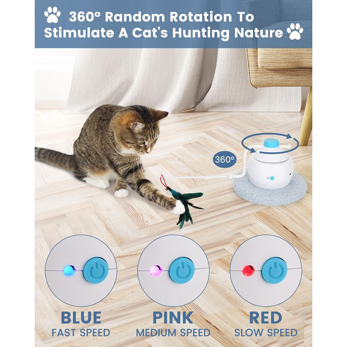 Інтерактивна іграшка для котів HAPPY HACHI 3 в 1: автоматична іграшка з пір'ям, USB-зарядка, комплект аксесуарів, блакитний колір