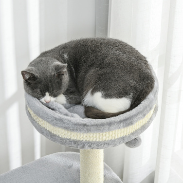Кігтеточка PawHut Cat з 2 отворами, мотузковий стовпчик з сизалю, кілька платформ, м'яка плюшева та м'ячова іграшка, сіра 59x35x100 см