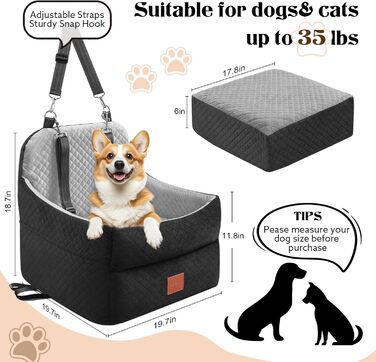 Автокрісло для собак маленьких та середніх порід (до 15,9 кг), з пам'яті-ефекту, знімний чохол, 2 ремені безпеки, чорний/сірий, Medium