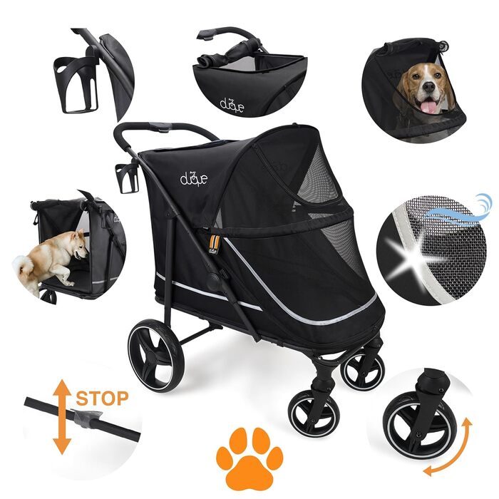 Buggy для собак MY DUQUE CHAMP XL – великий, для великих собак, чорний, з дощем, місцем для напоїв та вантажним відсіком (50кг)