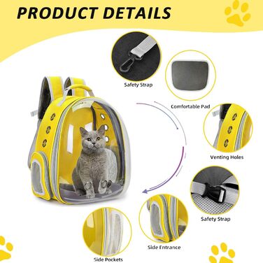 Розширюваний рюкзак для котів та собак, переноска-рюкзак з прозорим вікном та блискавкою, для подорожей та піших прогулянок (Жовтий)