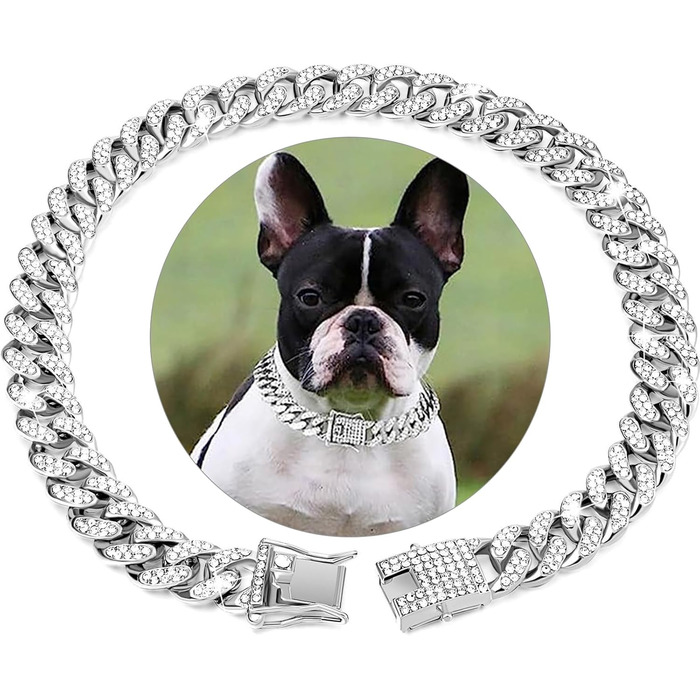 Ланцюжок для собак з кристалами Кубинський стиль, срібляний (8 дюймів)