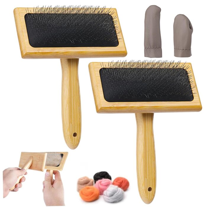 Дві кардіруючі щітки з ворсистим фетром для пряжі та ткацтва, кардіруючий гребінець з насадкою для пальця