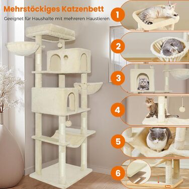 Котячий комплекс LEEJARD XXL: великий дерев'яний будиночок з платформами, когтеточками, будиночком, гамаком, іграшками та захистом від перекидання (180 см, бежевий)