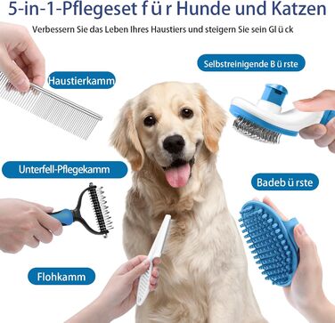 Набір щіток для собак, 5 шт., для грумінгу, самоочищувані, для великих та середніх собак, котів та дрібних тварин, для довгої та короткої шерсті, зменшує випадання шерсті, блакитний