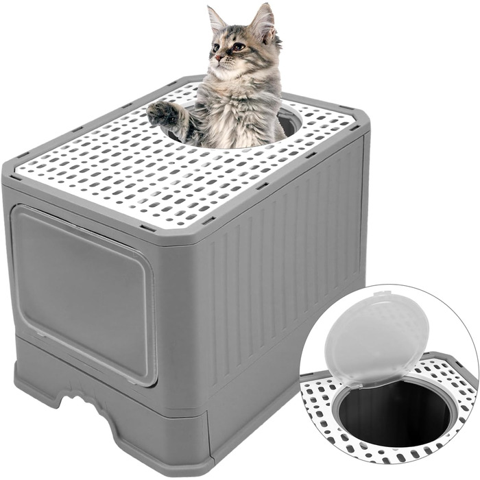 QWORK® Лоток для котів з кришкою, великий, сірий. Підходить для котів до 12 кг. У комплекті лопатка.