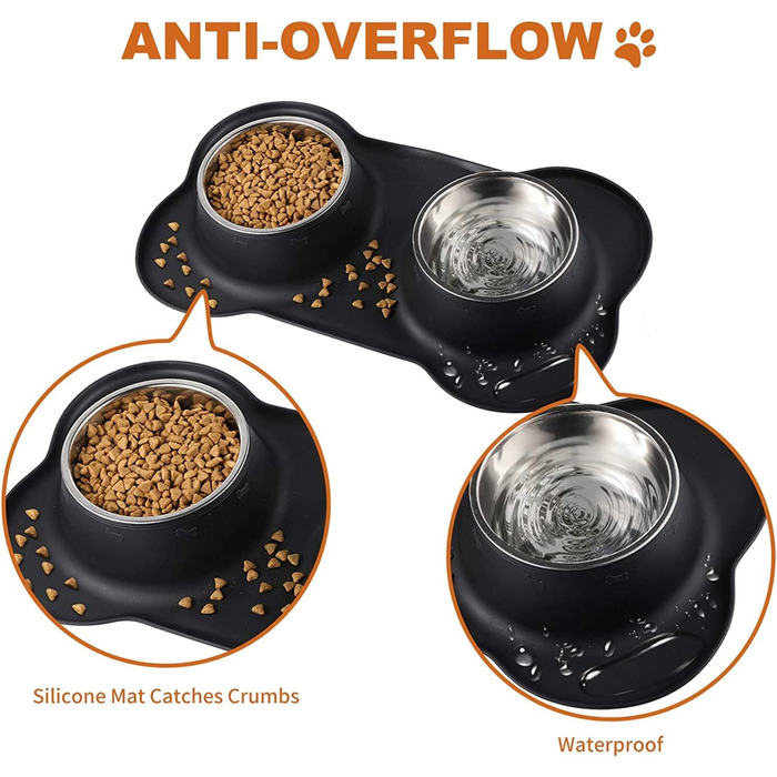 Набори мисок для собак та котів з нержавіючої сталі з силіконовим килимком, чорного кольору