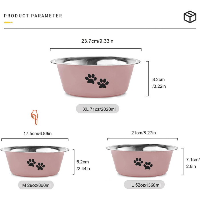 Набори мисок для собак YUDANSI (2 шт.) - миски для корму та води, з нержавіючої сталі, з антиковзною силіконовою основою, Ø 17 см, 860 мл (Рожевий)