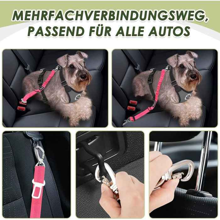 Ремінь безпеки для собак SlowTon, 2 шт. - Автомобільний поводок з регулюванням, еластичний амортизатор, міцний нейлон, світловідбиваючий ремінь безпеки для тварин (флуоресцентний рожевий)