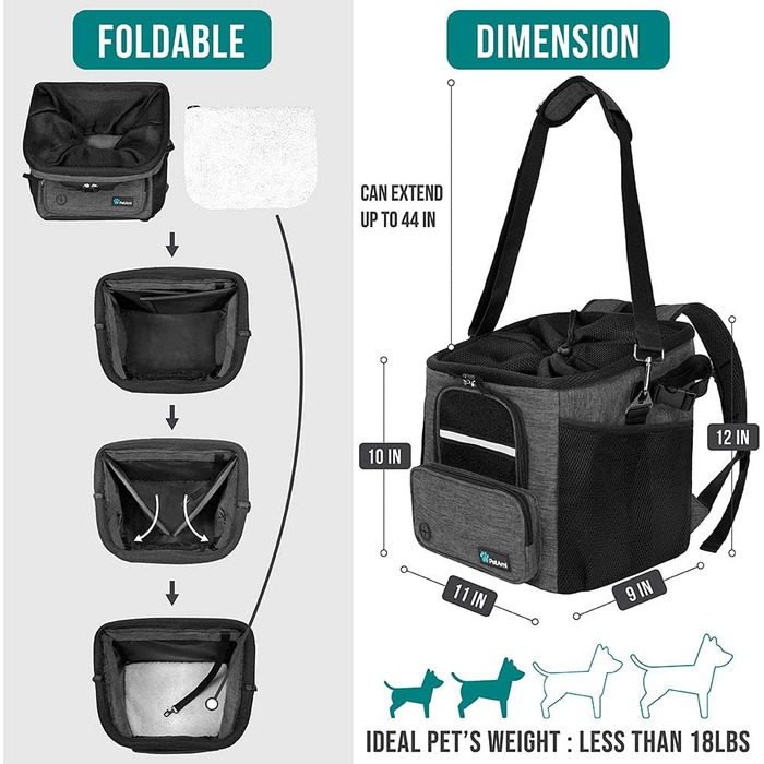 PetAmi Корзина для собак на велосипед, м'яка, з вентиляцією, рюкзак-переноска для собак, корзина на кермо велосипеда, для цуценят, котів, маленьких та середніх собак, автокрісло з ременем безпеки (сірий) (темно-сірий)