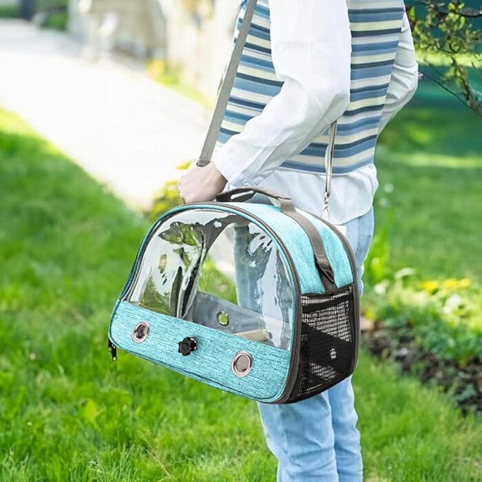 Транспортна сумка для птахів Vogel з підставкою та металевим підносом, переноска для папуг, рюкзак для птахів з дерев'яною ручкою, переносна клітка для малих птахів, блакитна