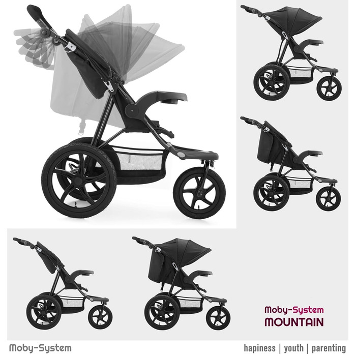Дитяча коляска Moby-System Runner Mountain 3-колісна з дощем, вантажопідйомність 15 кг, комплект аксесуарів, 5-точкова система ременів, відбивачі, віконце та кошик для речей - Чорний