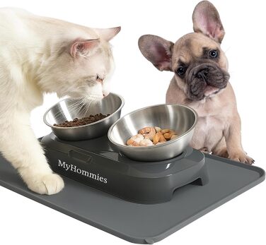 Миска для котів та собак з нержавіючої сталі з нахилом 15°, антиковзаюча, з двома мисками