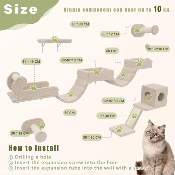 Комплекс для котів BYBYME з гамаком, ліжком та високими полицями для кількох котів, плюшевий лежак, когтеточка та стовпчики з сизалю, 6 шт., міцні меблі для лазіння (бежевий, 5 шт. з довгою перемичкою)