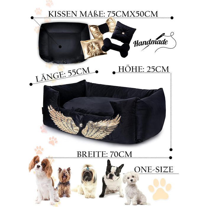 NELKE Розкішне ліжко для собак Glamour-стиль. Чорне ліжко-софа з золотими крилами для маленьких та середніх собак. Знімний, washable (можливість прання)