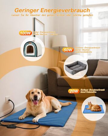 Грілка для домашніх тварин з регулятором, для котів та собак, 6 температурних режимів, таймер на 24 години, LED-дисплей, безпечна грілка з міцним кабелем (60x90 см, блакитна)