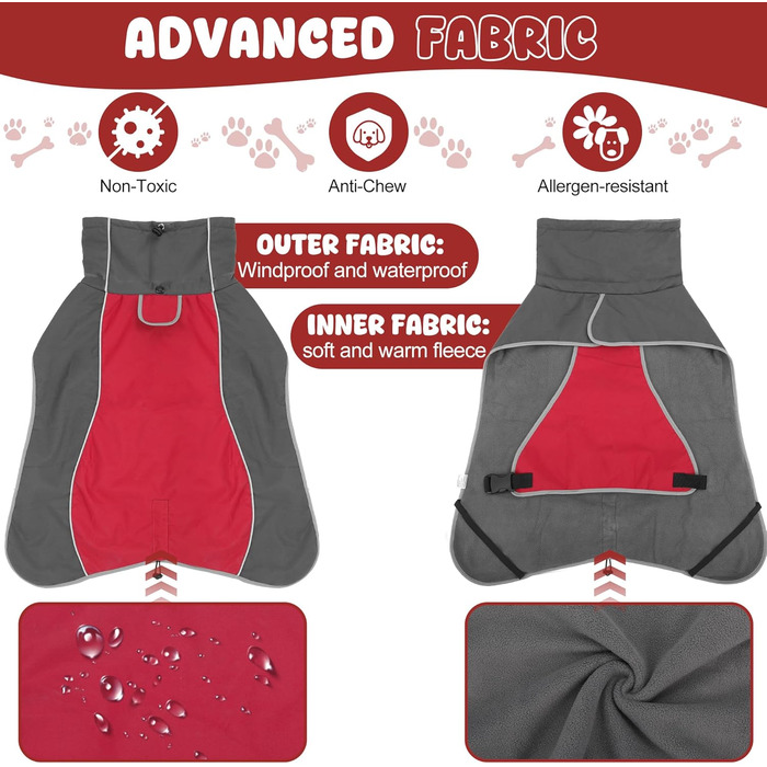 Водонепроникна куртка для собак, світловідбиваюча, вітрозахисна, тепла зимова куртка з м'яким флісовим підкладкою для собак маленьких та великих порід, для активного відпочинку, кемпінгу та походів у холодну погоду, червона (розмір S, спина 45 см)