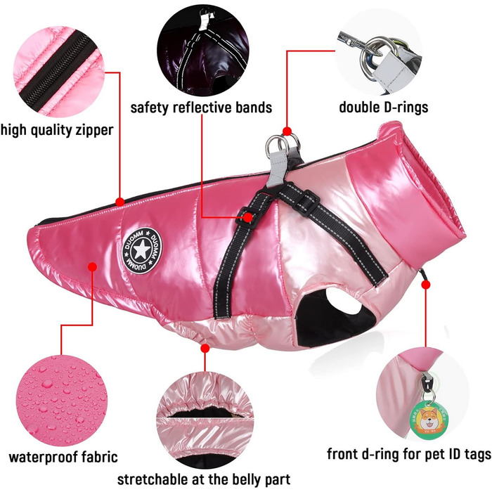 Водонепроникна зимова куртка для собак та котів SALLLEE LUCKY STORE з кільцем D, рожева, XL