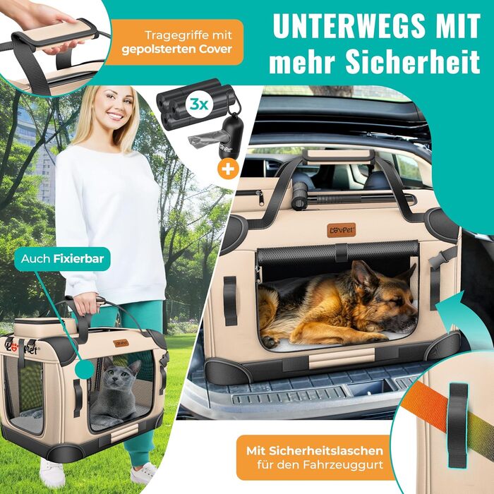 LOVPET® Транспортна переноска для собак та котів, 60x42x44 см | Складана переноска для тварин з мискою та плечовим ремінцем | для котів та собак, Бежевий M