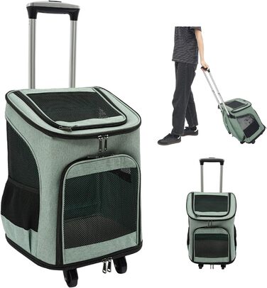 Транспортна переноска для собак та котів з колесами, складна, рюкзак для тварин з телескопічною ручкою, переноска для великих котів та маленьких собак з дихаючою сіткою, рюкзак для домашніх тварин до 9 кг (зелений)