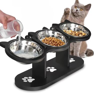 Набір мисок для котів 3 в 1: годівниця, поїлка, підставка. З нержавіючої сталі, з дерев'яною підставкою. Підходить для котів та маленьких собак.