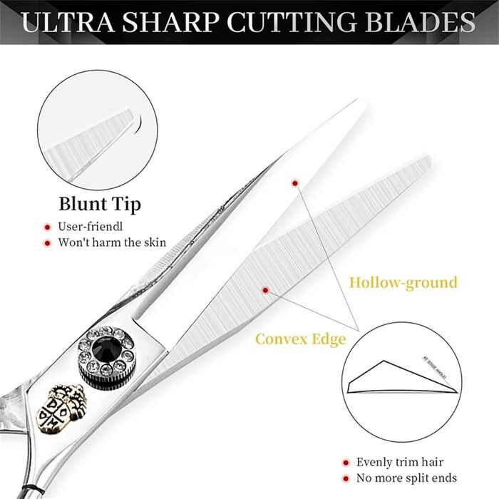 Набір ножиць для грумінгу собак 6 дюймів: прямі та розріджуючі ножиці для професійного догляду за шерстю. З регульованим гвинтом та візерунками. Срібний колір.