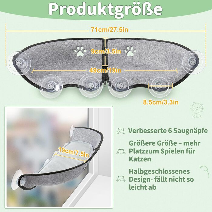 Кішка ліжко на вікно GUUSII HOME - гамак для котів, сіре, 71x19x9 см