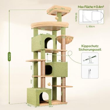 Комплекс для котів Globlazer XXL (203 см) для 4-6 великих котів, з 3 будиночками, платформами, кошиком та іграшками, стійкий, зелений