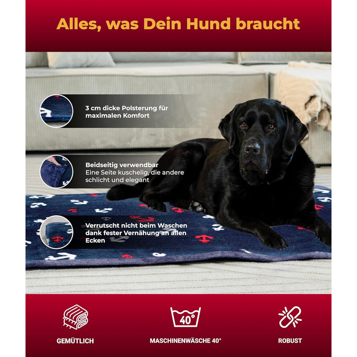 Лежак для собак HS-Hundebett, двосторонній, 75x115 см, зручний, 3 см наповнення, для дивану, авто і клітки, синій, вироблено в Німеччині